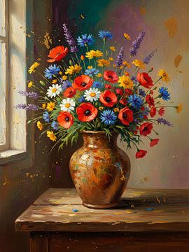 Rustiek Stilleven van een veldbloemen boeket op vaas. van Studio Pieternel