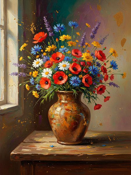 Rustiek Stilleven van een veldbloemen boeket op vaas. van Studio Pieternel