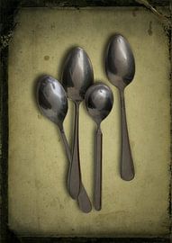 Still life of spoons on pewter background by Gerben van Buiten