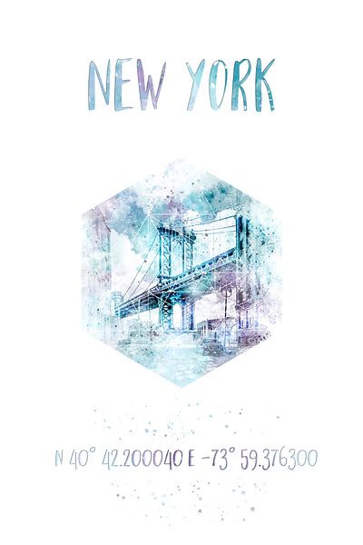 Coördinaten NYC Manhattan Bridge aquarel van Melanie Viola