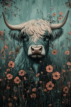 Hooglander in Dromerige Bloemenweide Mystieke Harmonie van Eva Lee