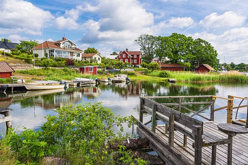View of the village of Figeholm in Sweden with harbour and boats