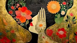 Collage mystique moderne d'une femme avec des fleurs