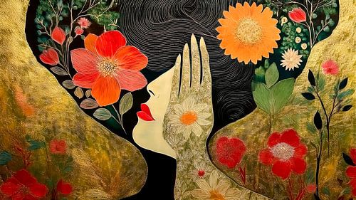 Mystieke modern portret van een vrouw met bloemen