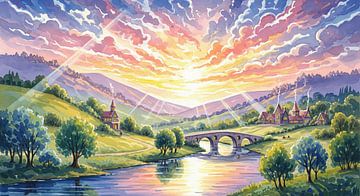 Watercolor Landscape with River, Bridge, and Village at Sunset