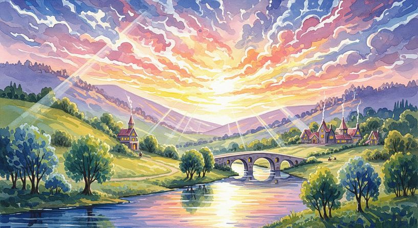 Watercolor Landscape with River, Bridge, and Village at Sunset by Markus Gann