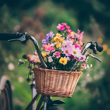 Bloemen versierd in een fietsmand van Poster Art Shop