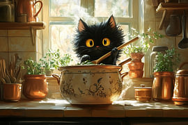 Zwarte kat die bij het keukenraam staat te koken van Erika Kaisersot