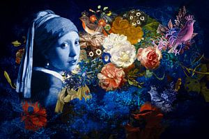 Fille bleue de Delft avec une boucle d'oreille en perle dans un collage de fleurs