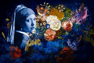 Delft blue Girl with pearl earring in collage of flowers