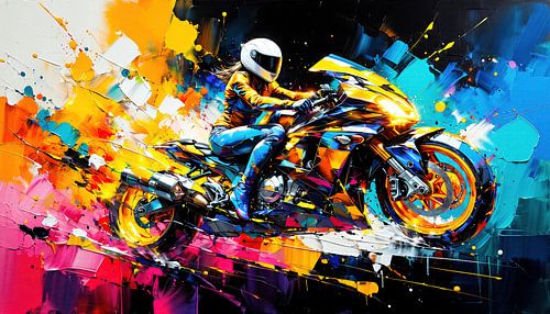 Motorfiets in de greep van snelheid - Een motorrijder breekt door het canvas van vloeibare kleur en pastose energie