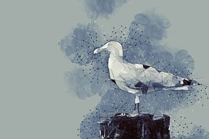 Goéland argenté debout sur un poteau (abstrait, art numérique)