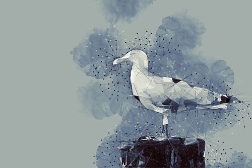Zilvermeeuw staand op een paal (abstract, digitale kunst)