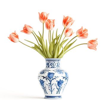 Tulipes orange tendre dans un vase bleu Delft - nature morte sur Vlindertuin Art