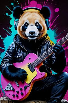 Panda speelt roze gitaar neon kunst van Makar Mokrynskyi