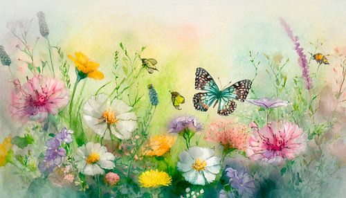 Dromerige Lenteweide met bloemen en vlinders in het gras