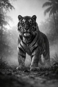 Puissant tigre dans le brouillard – décoration murale en noir et blanc représentant la faune sauvage
