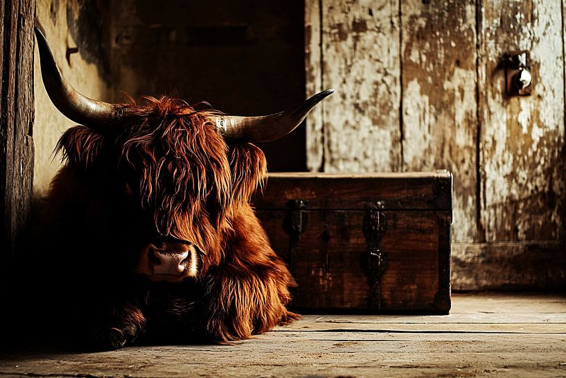 Scottish highlander at wooden box by Art & Soul Creations