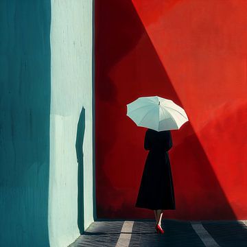 Umbrella White - dame tegen diagonale vlakken en schaduw - no 2 van Marianne Ottemann - OTTI