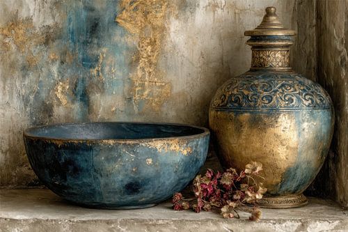 Delft Blue Ceramics Still Life with Gold - Warm and Timeless von Joriali Fine Art