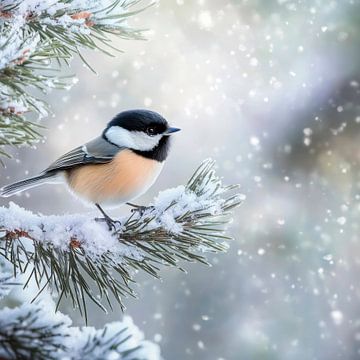 Vogel in de sneeuw op een dennenboom van Poster Art Shop