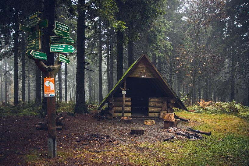 Panneau indicateur et lieu de repos en forêt par Suzanne Schoepe