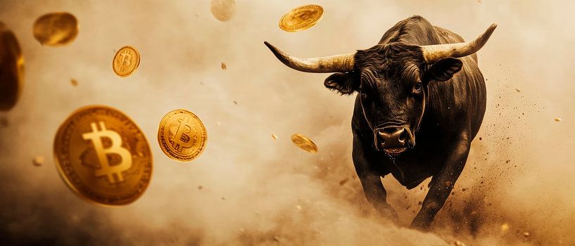 Bearing bull with Bitcoin coins by Poster Art Shop