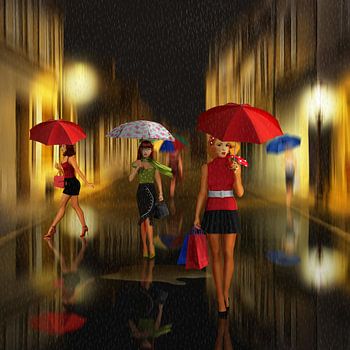 Ladies shopping night in the rain