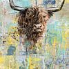 Schotse hooglander kunstwerk in bruin geel mint blauw en grijs van Emiel de Lange