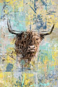 Schottisches Highlander-Kunstwerk in braun, gelb, mintblau und grau