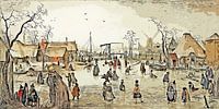 Schlittschuhlaufen in einem Dorf im Cartoon-Stil