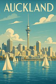 Auckland Harbour Skyline - Retro Zeilboot Kunstdruk van Travel Shop