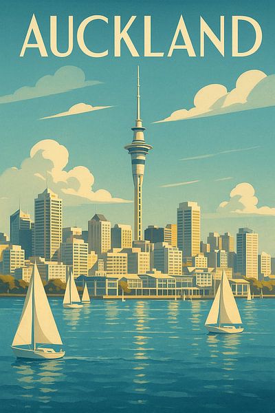 Auckland Harbour Skyline – Retro Sailboat Art Print by Travel Shop