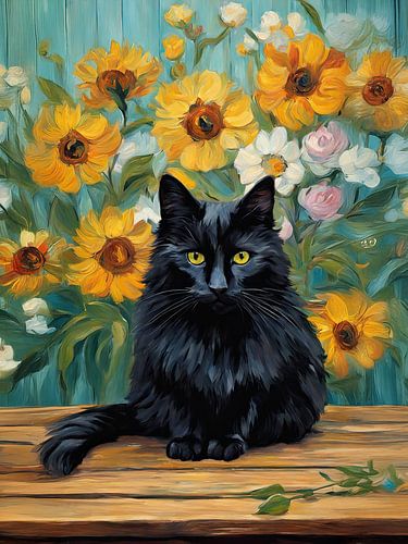 Zwarte kat voor kleurrijke bloemen in de tuin