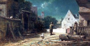 Nachtwächter bei Mondschein, Hund und Katze, CARL SPITZWEG, Ca. 1870 von Atelier Liesjes