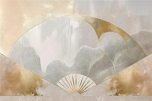 Japanische Kunst. Collage eines Faltfächers in Goldtönen.