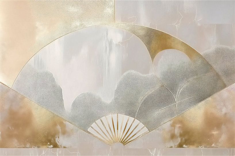 Japandi Art. Collage van een vouwwaaier in goudtinten. van Studio Pieternel