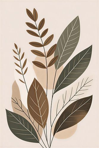 Abstrakte Illustration botanischer Blätter im Mid-Century-Modern-Stil in Erdtönen