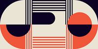 Géométrie rétro avec cercles et rayures dans le style Bauhaus en orange, rouge et noir.
