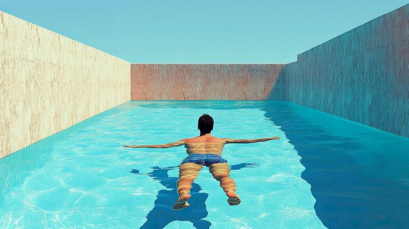Summer painting of swimming man in modern swimming pool by Vlindertuin-Art