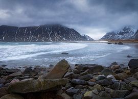 Waves Crash Against the Rocky Shore of Skagsanden Beach in Lofot by PhotoCluster