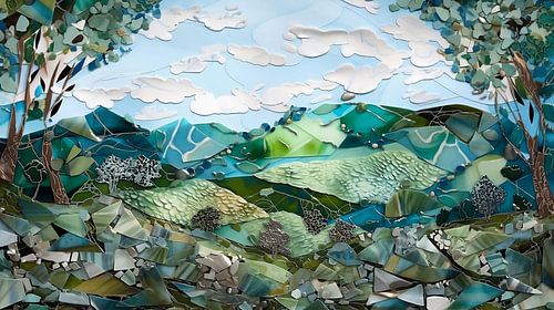 Landschap van scherven glas, porselein, aardewerk en acrylverf