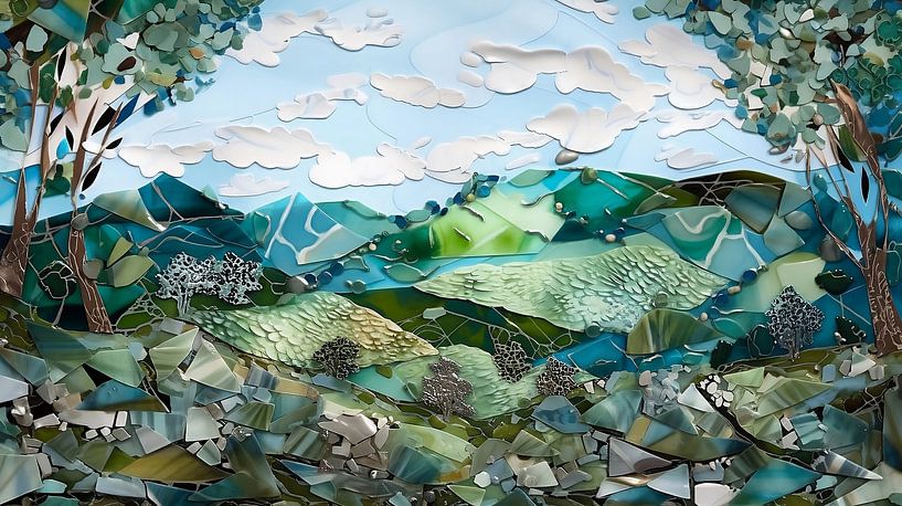 Landschaft aus Glasscherben, Porzellan, Töpferwaren und Acrylfarbe von Jan Bechtum