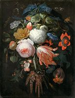 Een hangend boeket van bloemen, Abraham Mignon