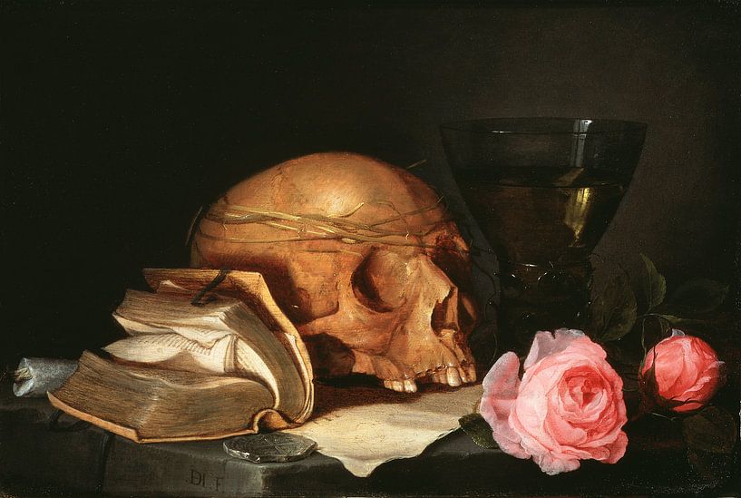 Jan Davidsz. de Heem. Nature morte Vanitas avec un crâne, un livre et des roses par 1000 Schilderijen