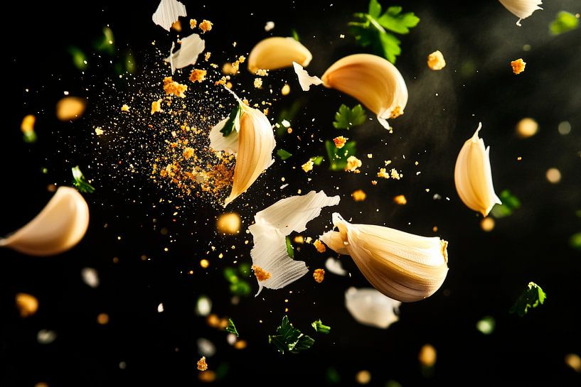 Flying garlic cloves and herb seasoning by Poster Art Shop