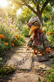 Bird doll spots an ant trail in the garden