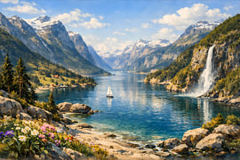 Schilderachtige fjord in Noorwegen – Idyllisch berglandschap met waterval en zeilboot van ButterflyPix