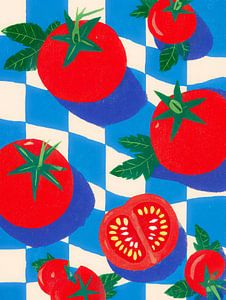 Rote Tomaten auf blau-weißem Muster