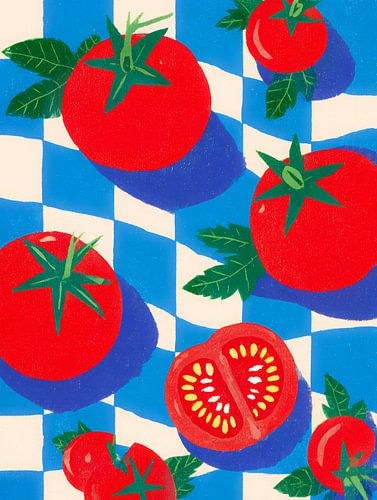 Red tomatoes on blue and white pattern by But First Framing